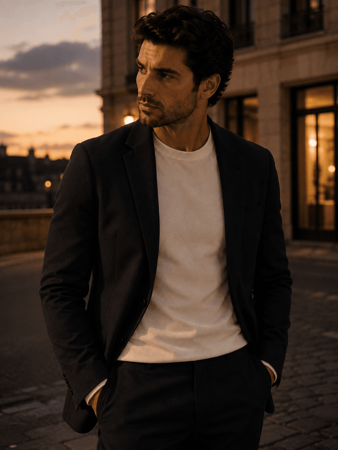Man in crew neck and blazer at an evening setting