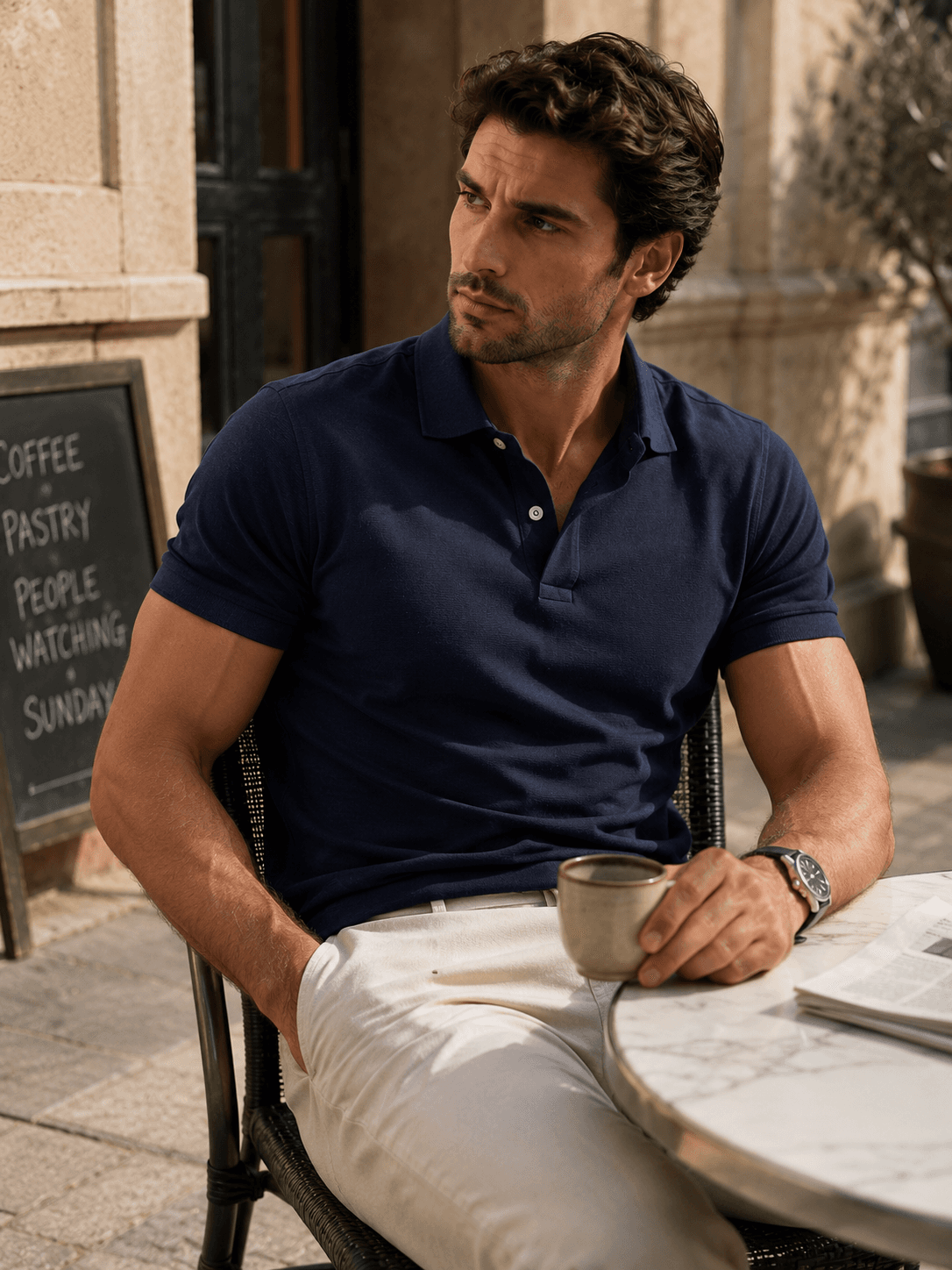 Man in navy polo on a weekend afternoon
